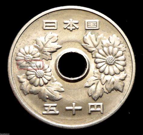 Japan 49 - Standard circulation coin. Years. 42-63 (1967-1988) Calendar. Japanese - Shōwa era. Value. 50 Yen. 50 JPY = USD 0.34. Currency. 